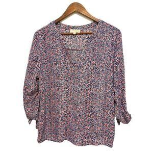 Cynthia Rowley XL Navy Pink Floral Blouse 3/4 Sleeve Tie Cuff Split Neck Top